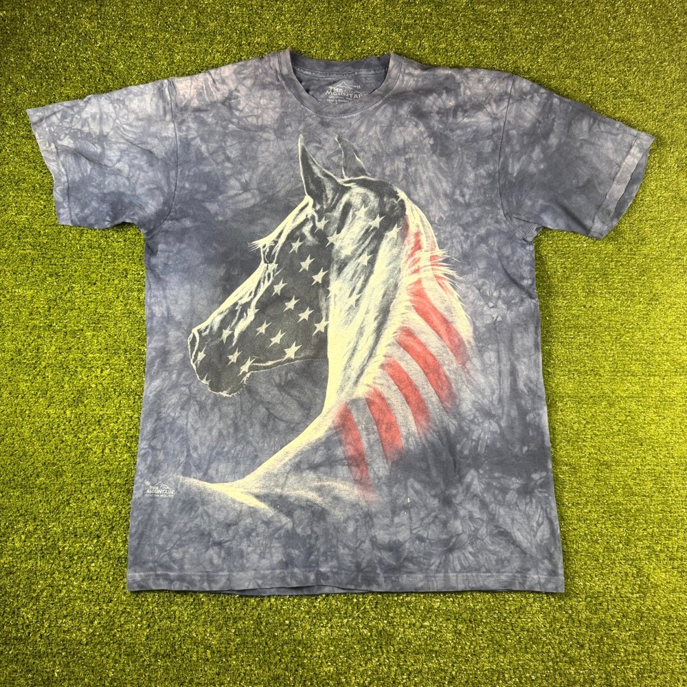 The Mountain American Flag Horse Tie Dye T-Shirt Mens Medium Blue Kim McElroy